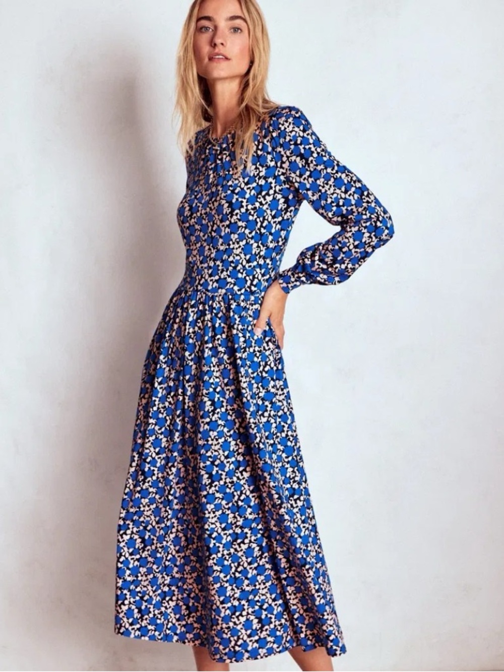 BODEN Alexandra Blue Floral Cottage Preppy Jersey Long Sleeve Midi Dress Sz 0